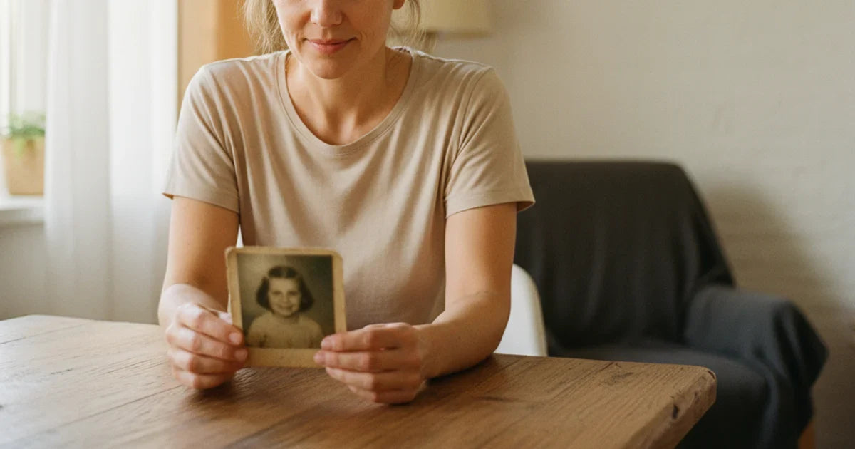 Felnőtt nő régi gyerekkori fényképet néz, csendes önreflexió
