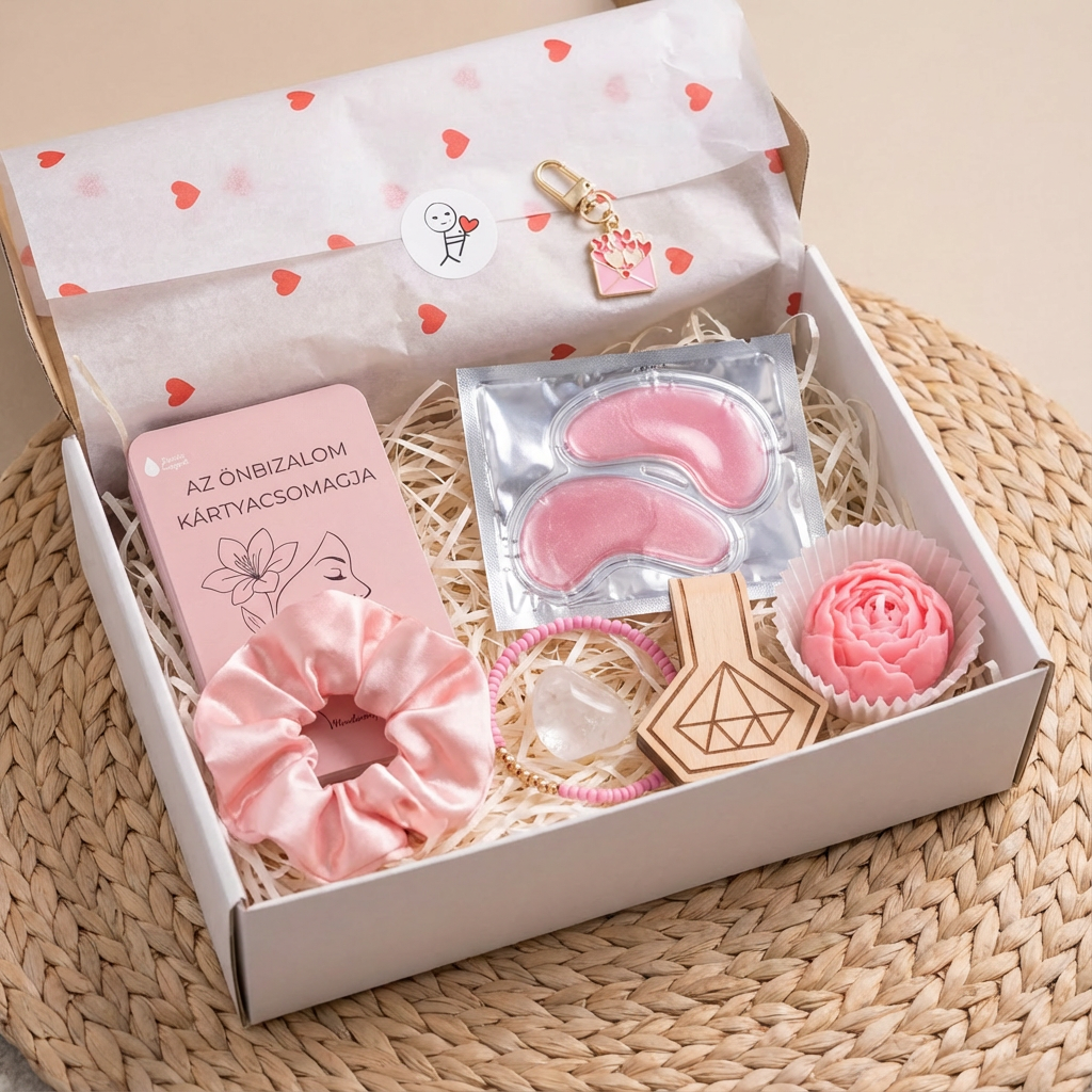 Szeretet csomag - Valentin napi ajándék - Női önbizalom ajándékdoboz, díszcsomagolásban