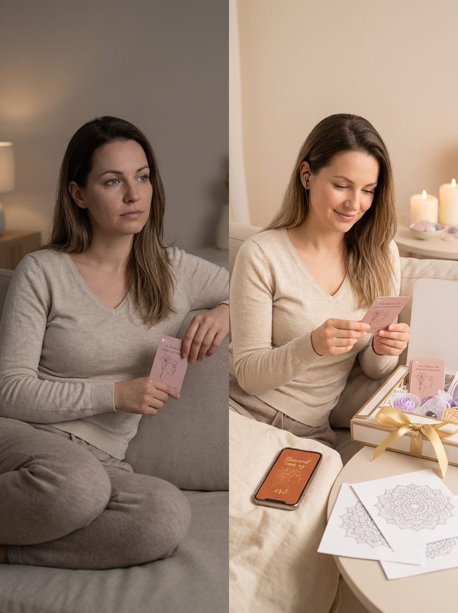 Női önbizalom kártya életkép — esti meditációs rituálé